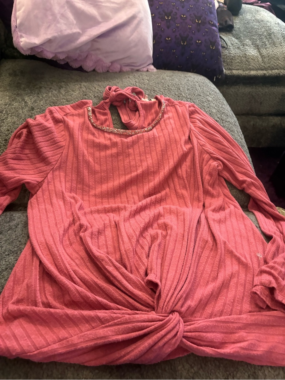 Juicy Couture Ribbed Knot-Front Long Sleeve Top - Rose Coral